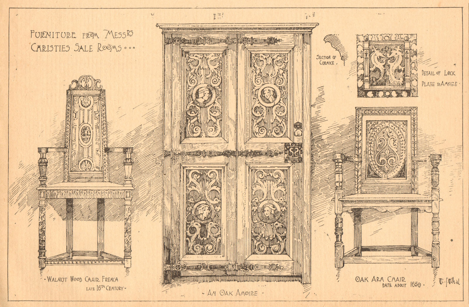 Christies furniture auction. Walnut wood French 16C amoire 1650 arm chair 1901